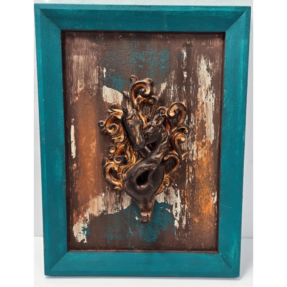 Rustic Framed Horse Wall Art 3D Relief Turquoise Frame Farmhouse Western Decor